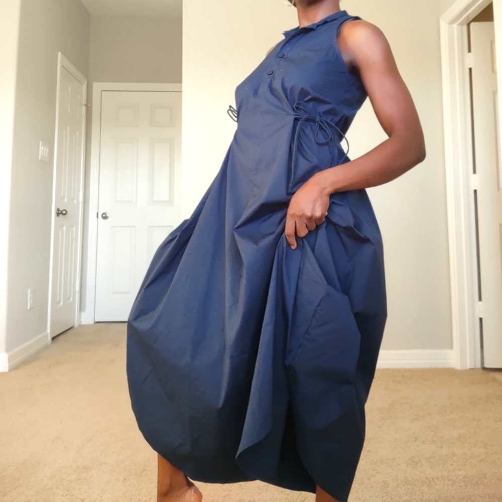 Navy blue Cotton poplin shirttail dress with drawstrings